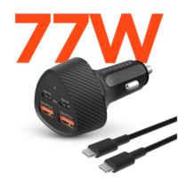 SpeedBoost 77W Quad-Port Fast Car Charger with Dual 30W USB-C PD PPS - 4ft USB-C Cable Black