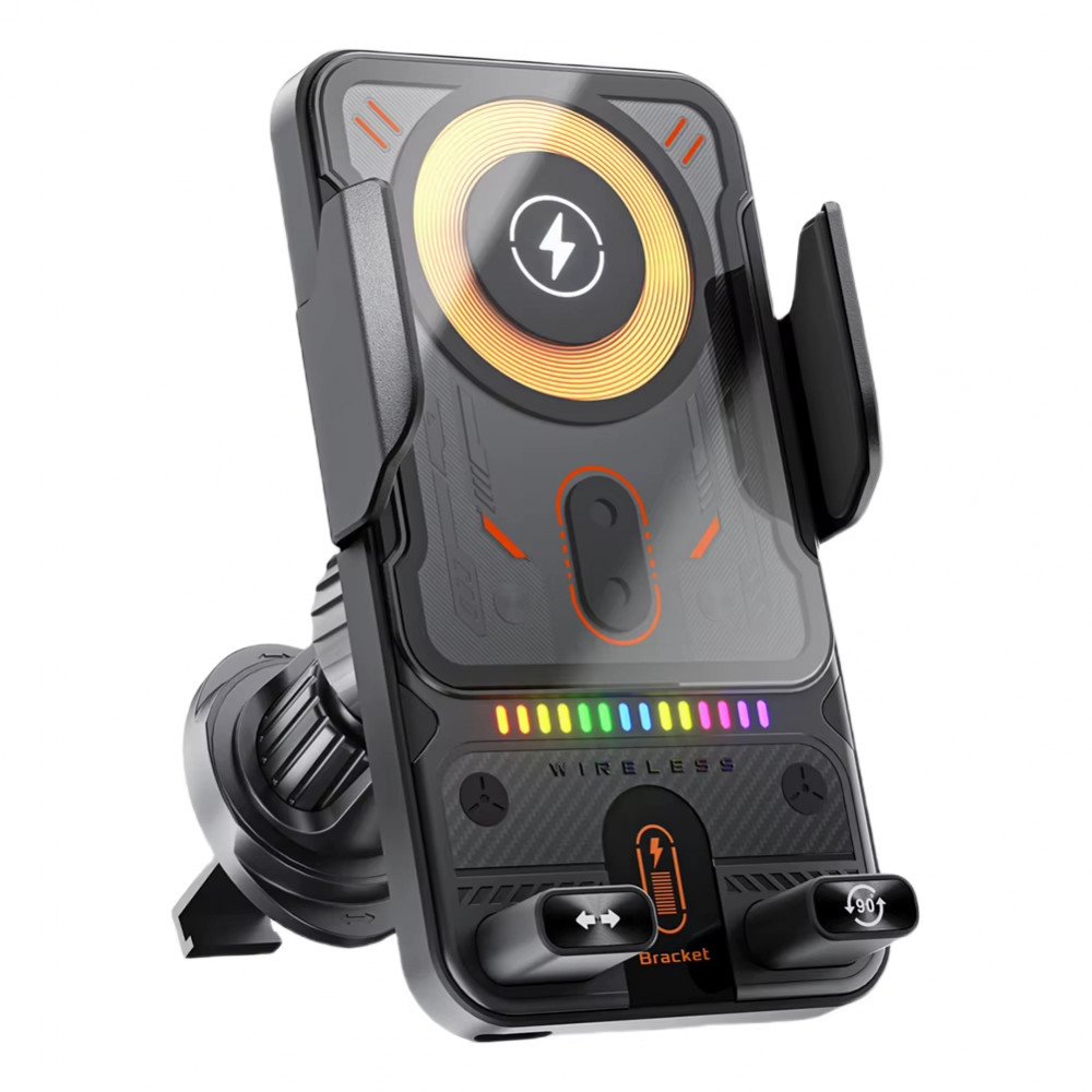 15W Auto-Clamping Wireless Car Charger Mount with Auto Rotate LED Light & Tempered Glass Panel (Black)