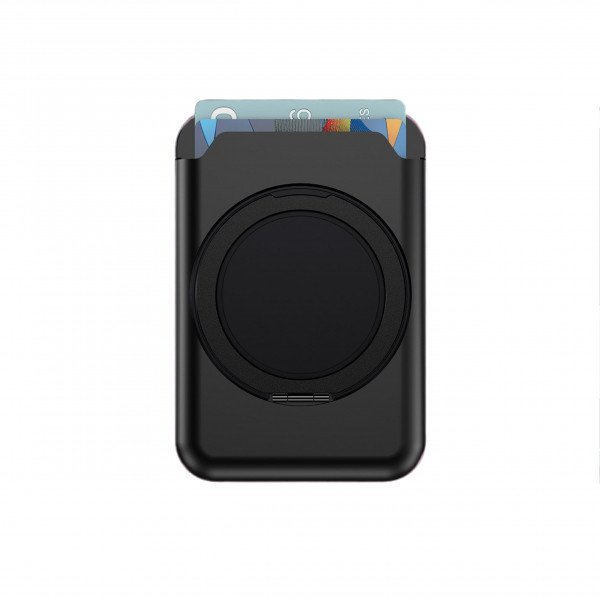 Slide-in Card Slot Magsafe Wallet with 360 Rotation Magnetic Ring Stand (Black)