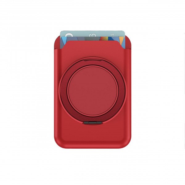 Slide-in Card Slot Magsafe Wallet with 360 Rotation Magnetic Ring Stand (Red)