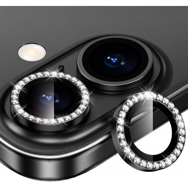 Premium Diamond Glitter HD Tempered Glass Camera Lens Protector Ring Anti-Scratch Protection Shield for Apple iPhone 17, 16, iPhone 16 Plus (Black)