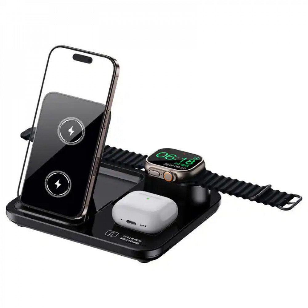 3-in-1 Motorized Foldable Wireless Charging Stand with LED Display (15W) for iPhone AirPods Apple Watch (Black)