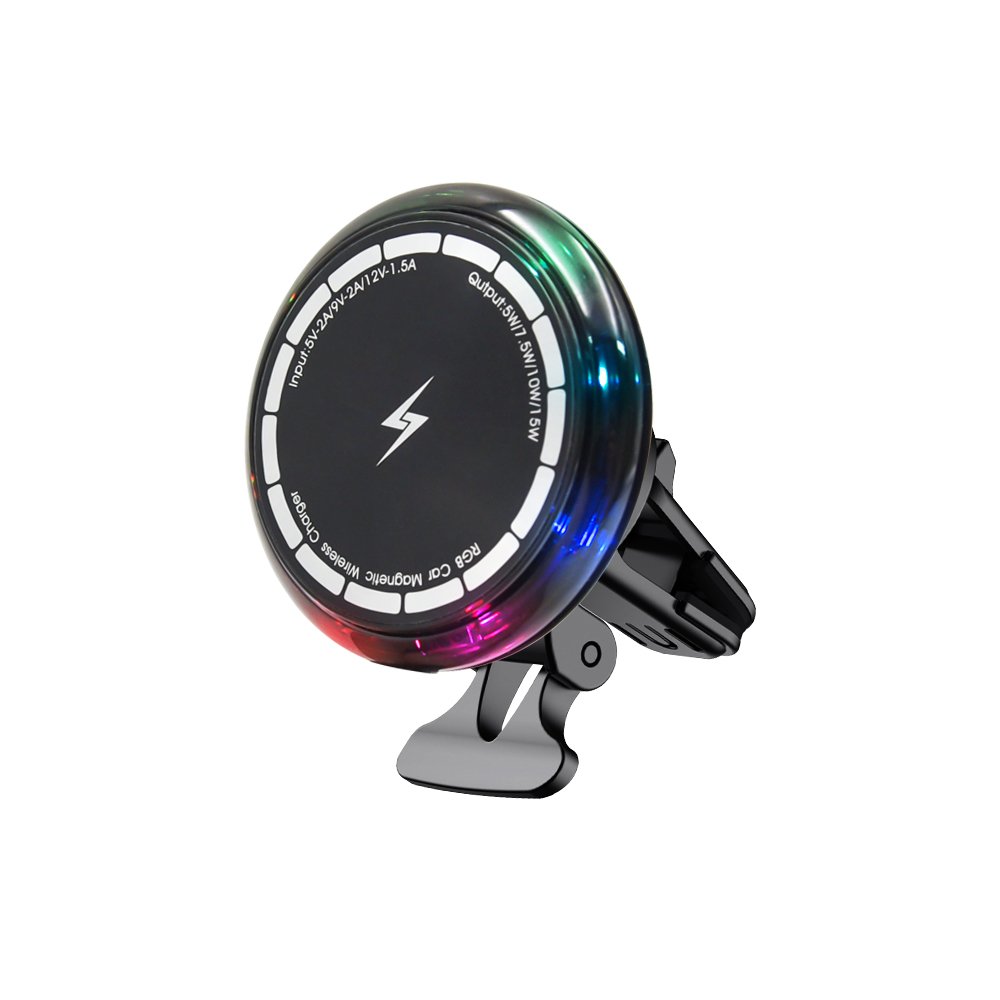 15W Magnetic Wireless Charger Car Air Vent Phone Mount with RGB LED Lights and 360 Rotation (Black)
