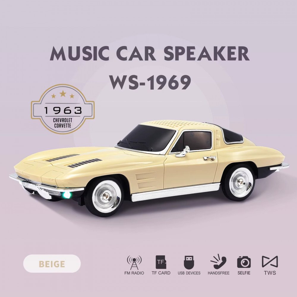 Bluetooth Car Speaker 1969 Classic Retro Design with Moving Wheels, LED, FM, USB-C WS1969 (Beige)