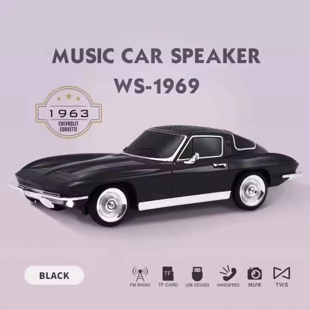 Bluetooth Car Speaker 1969 Classic Retro Design with Moving Wheels, LED, FM, USB-C WS1969 (Black)