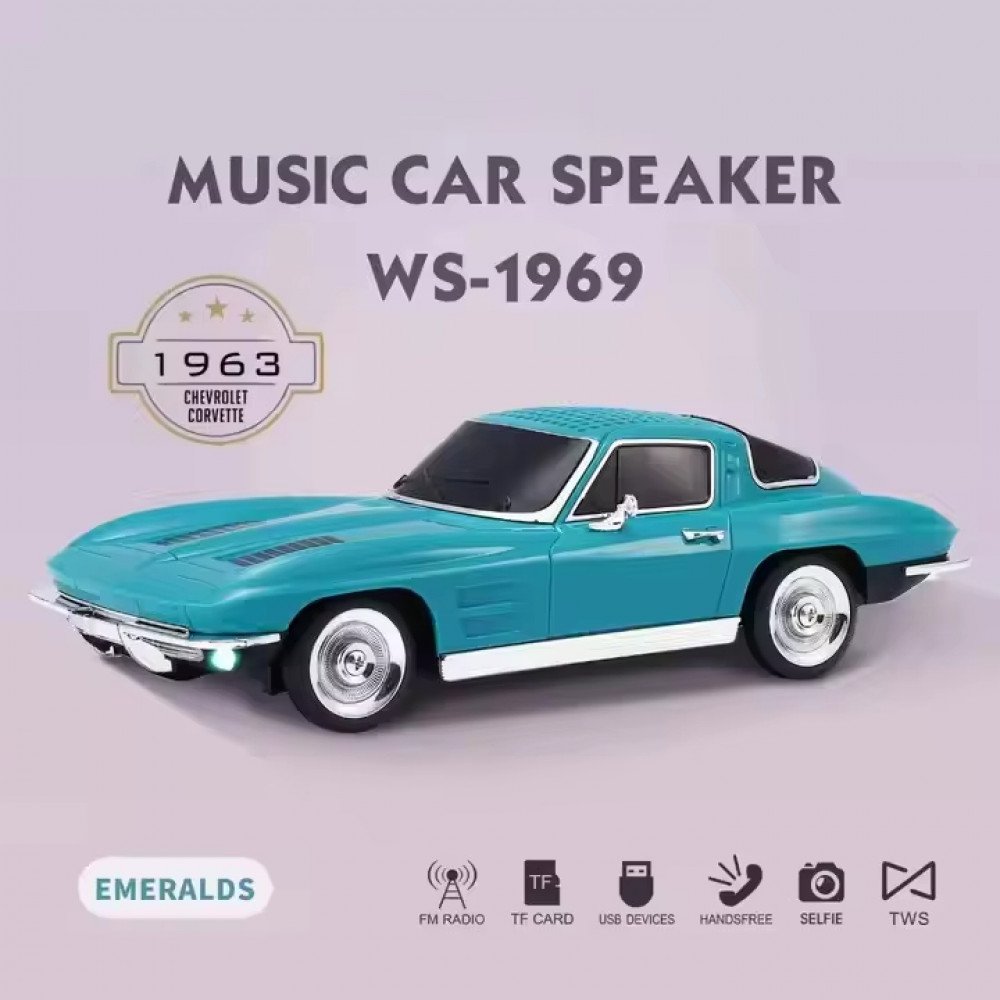 Bluetooth Car Speaker 1969 Classic Retro Design with Moving Wheels, LED, FM, USB-C WS1969 (Green)