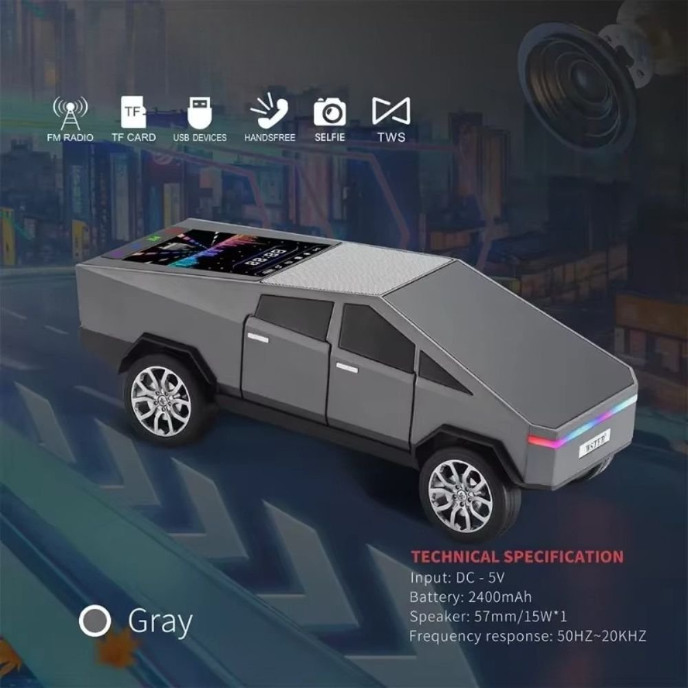 Cybercar Design Wireless Bluetooth Speaker with LED Lights & Display Screen, FM Radio, Loud Bass (Gray)
