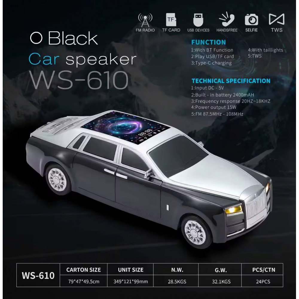 Luxury Sedan Inspired Bluetooth Speaker with LED Starry Sky Roof and HD Sound (Black)