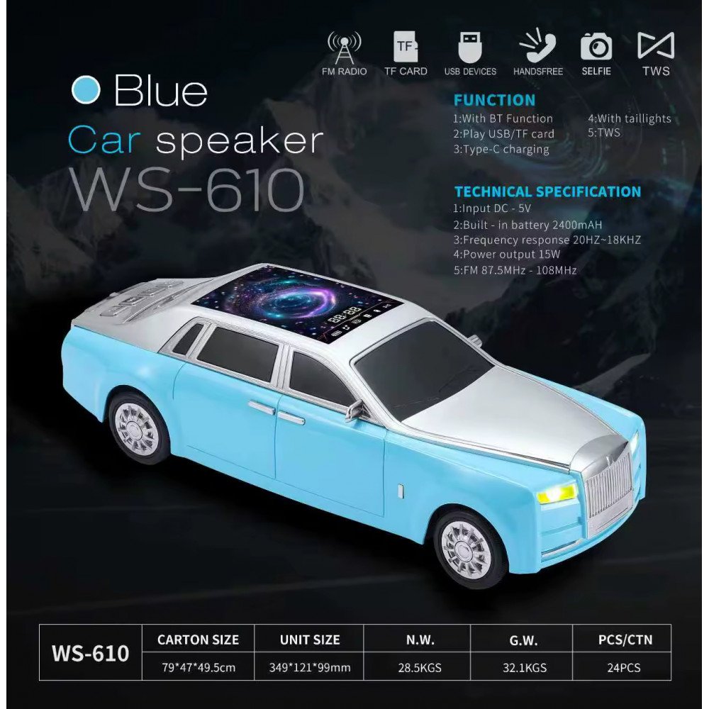 Luxury Sedan Inspired Bluetooth Speaker with LED Starry Sky Roof and HD Sound (Blue)