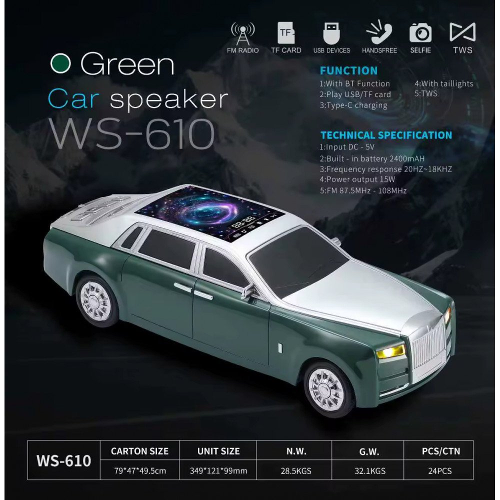 Luxury Sedan Inspired Bluetooth Speaker with LED Starry Sky Roof and HD Sound (Green)