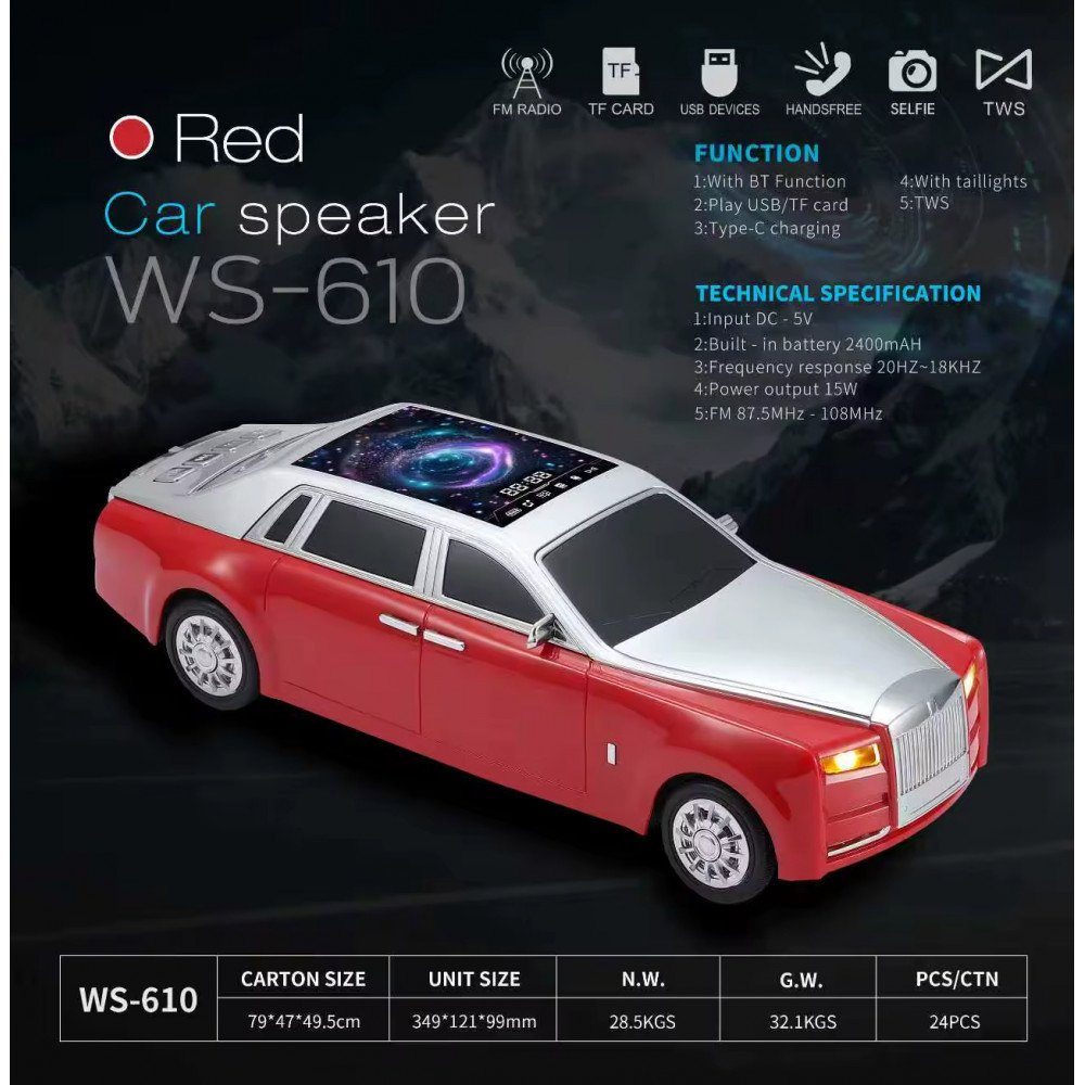 Luxury Sedan Inspired Bluetooth Speaker with LED Starry Sky Roof and HD Sound (Red)