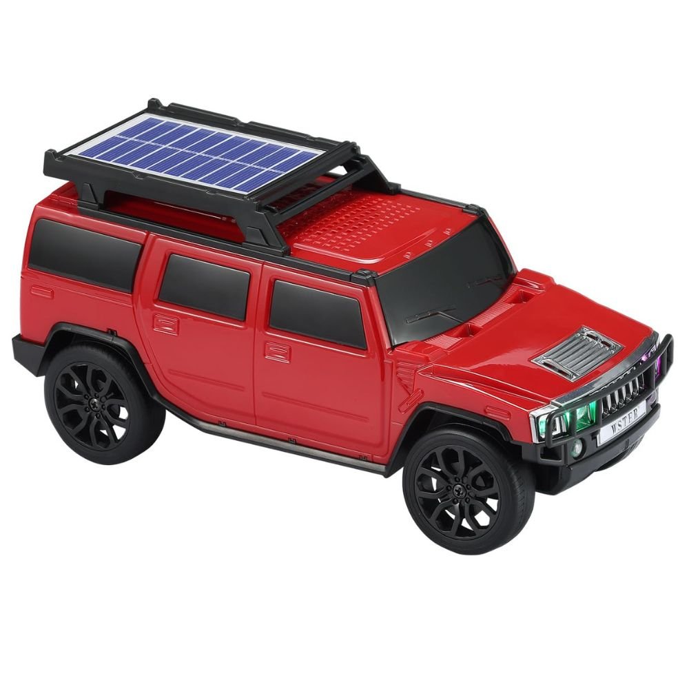 Boxy SUV-Inspired Bluetooth Speaker with Solar Charging, LED, FM Radio & Moving Wheels WS696 (Red)