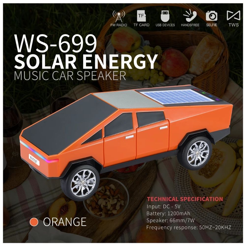 Futuristic Cybercar-Inspired Bluetooth Speaker with Solar Charging, LED Lights & FM Radio WS699 (Orange)