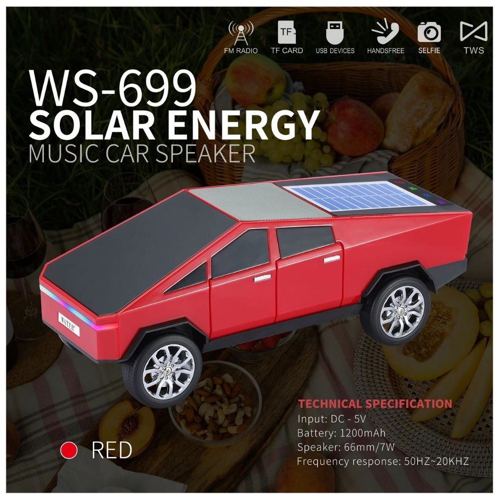 Futuristic Cybercar-Inspired Bluetooth Speaker with Solar Charging, LED Lights & FM Radio WS699 (Red)
