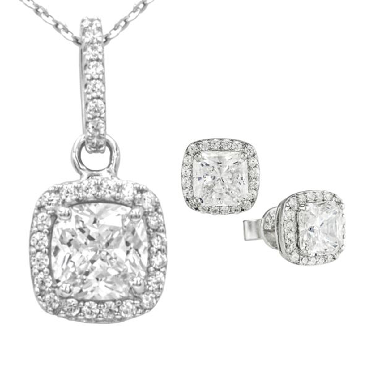 Beautiful Sterling Silver CZ Cushion Halo Earrings and Necklace Set