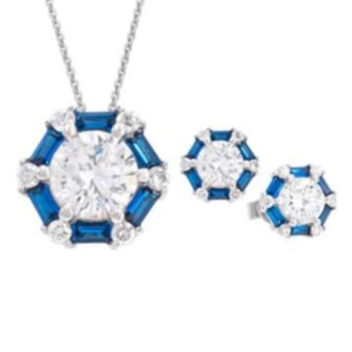 Sterling Silver Baguette Blue Earrings and Necklace Set