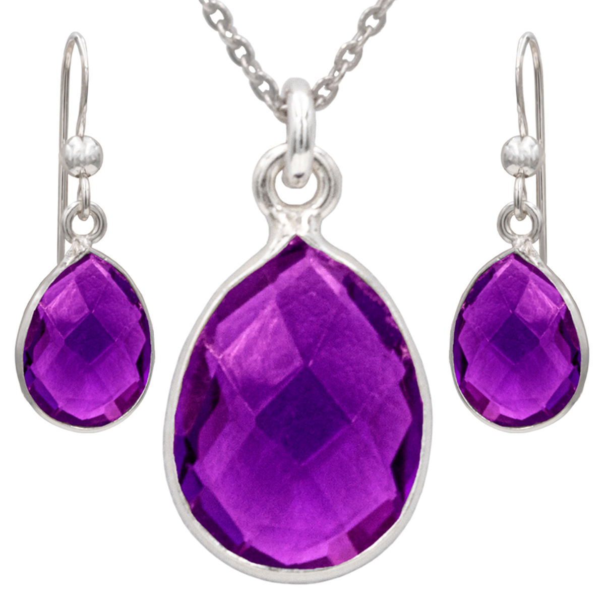 Sterling Silver Amethyst Earrings and Necklace Set