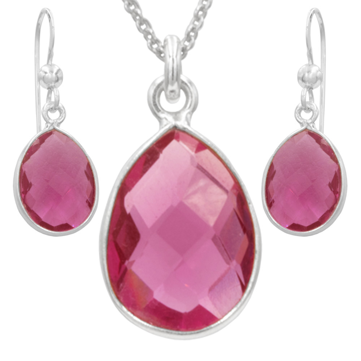 Sterling Silver Pink Quartz Earrings and Necklace Set