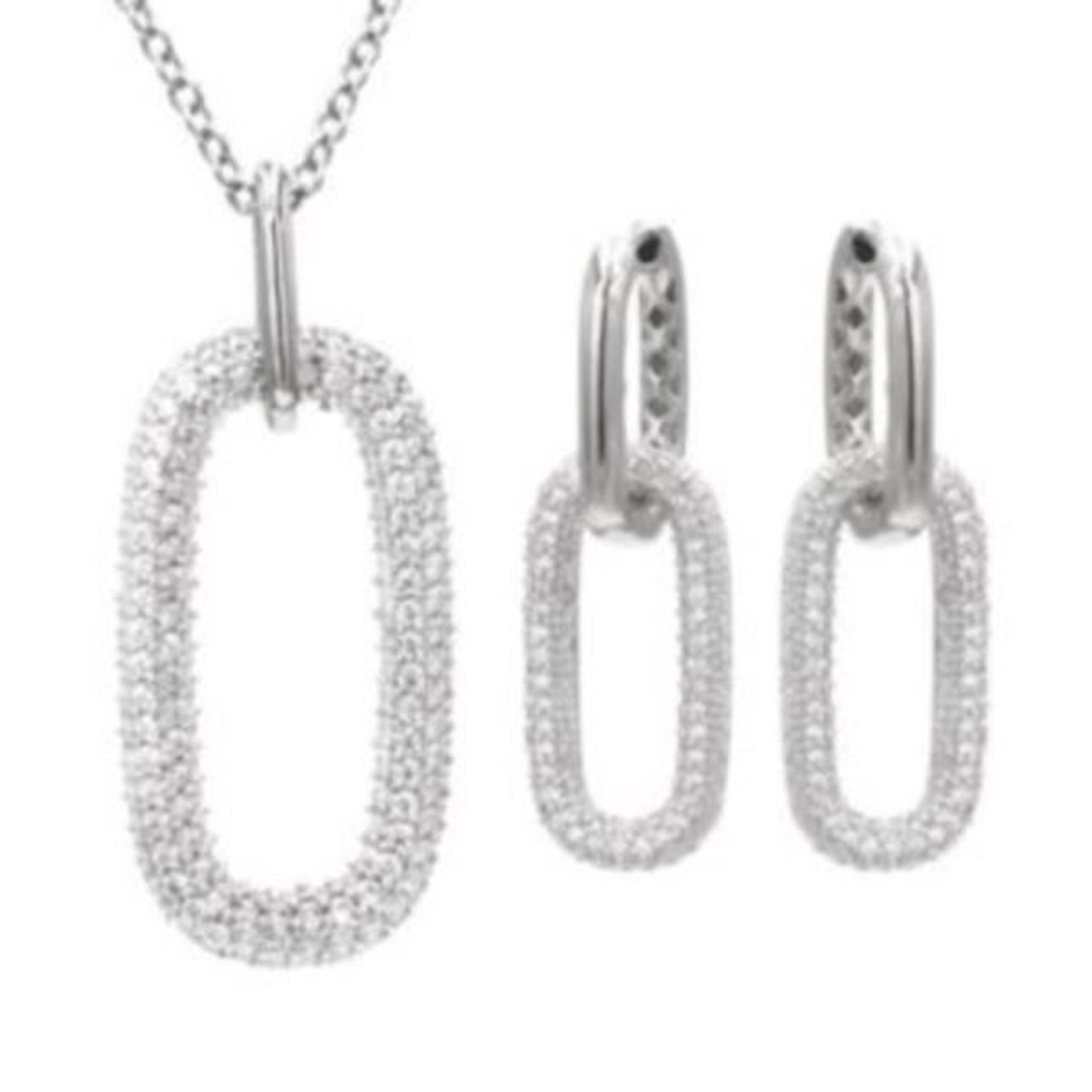 Sterling Silver CZ Dangle Paperclip Earrings and Necklace Set