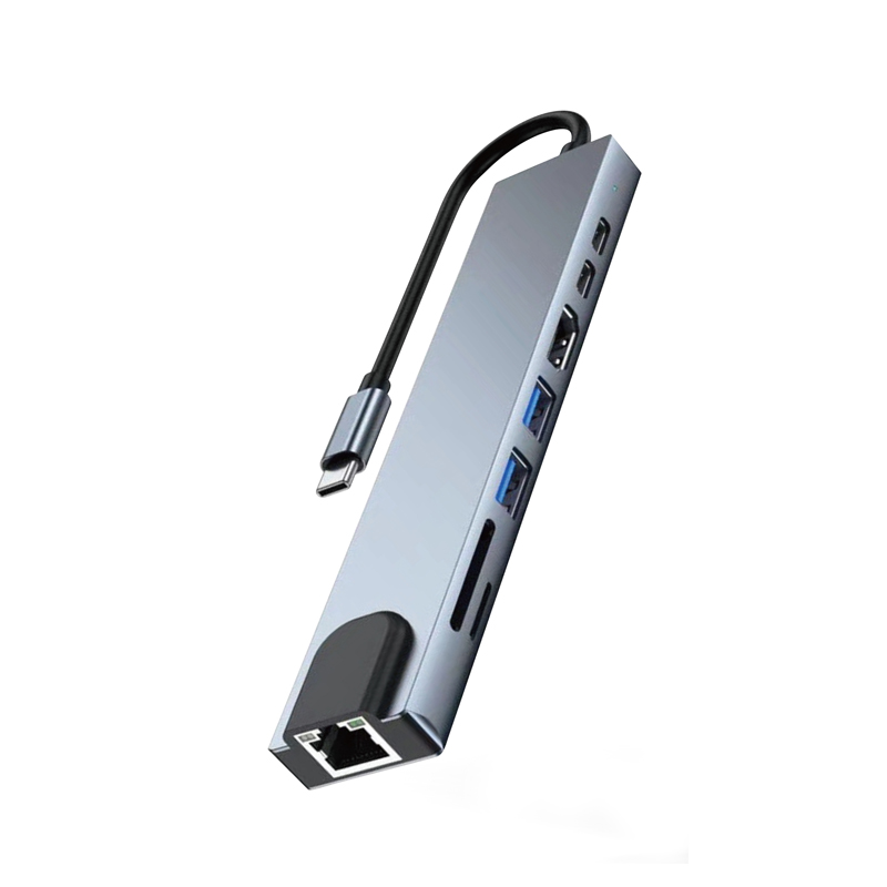 R8 8-in-1 Type-C to 1x HDTV, 2x USB3.0,1x RJ45, 2x USB-C,1x SD,1xTF Hub Adapter