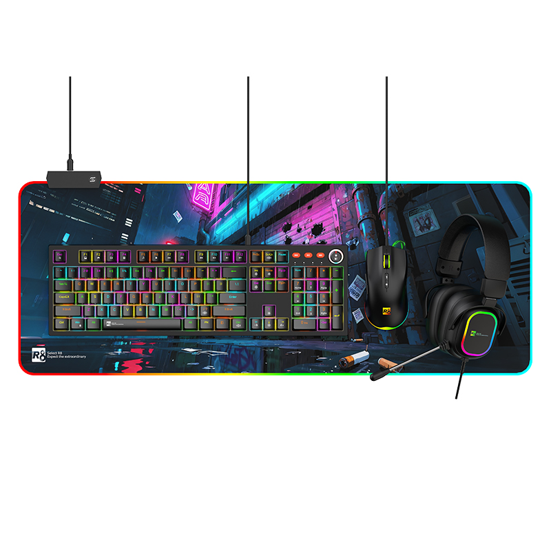 R8 GWK3002 4-in-1 Wired Mechanical RGB Lighting Gaming Keyboard + Mouse + Large Mouse Pad + Headset Combo Set