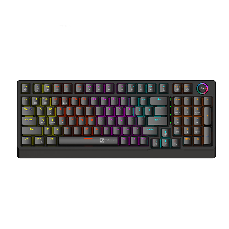 R8 GK303 Mechanical Tri-Mode Wireless 2.4Ghz + Bluetooth + Wired Type-C, Rechargeable Battery, Light Effect, 98 keys Gaming Keyboard with Rotary Knob ( Option for Black+White+Orange and Full Black)