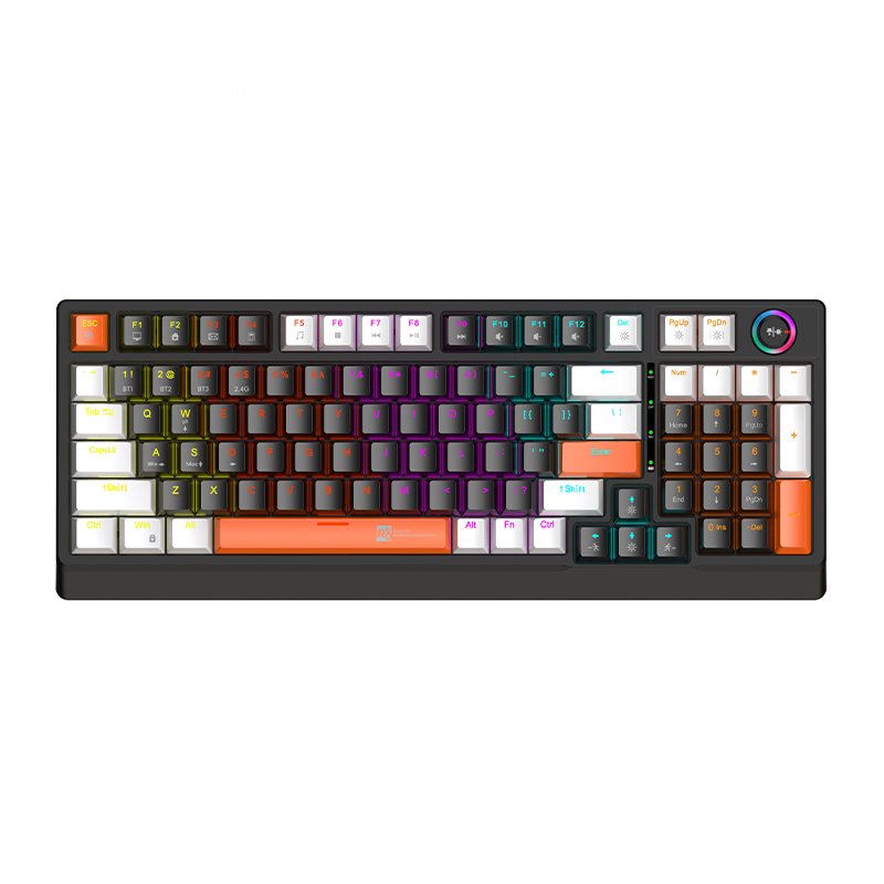 R8 GK303 Mechanical Tri-Mode Wireless 2.4Ghz + Bluetooth + Wired Type-C, Rechargeable Battery, Light Effect, 98 keys Gaming Keyboard with Rotary Knob ( Option for Black+White+Orange and Full Black)