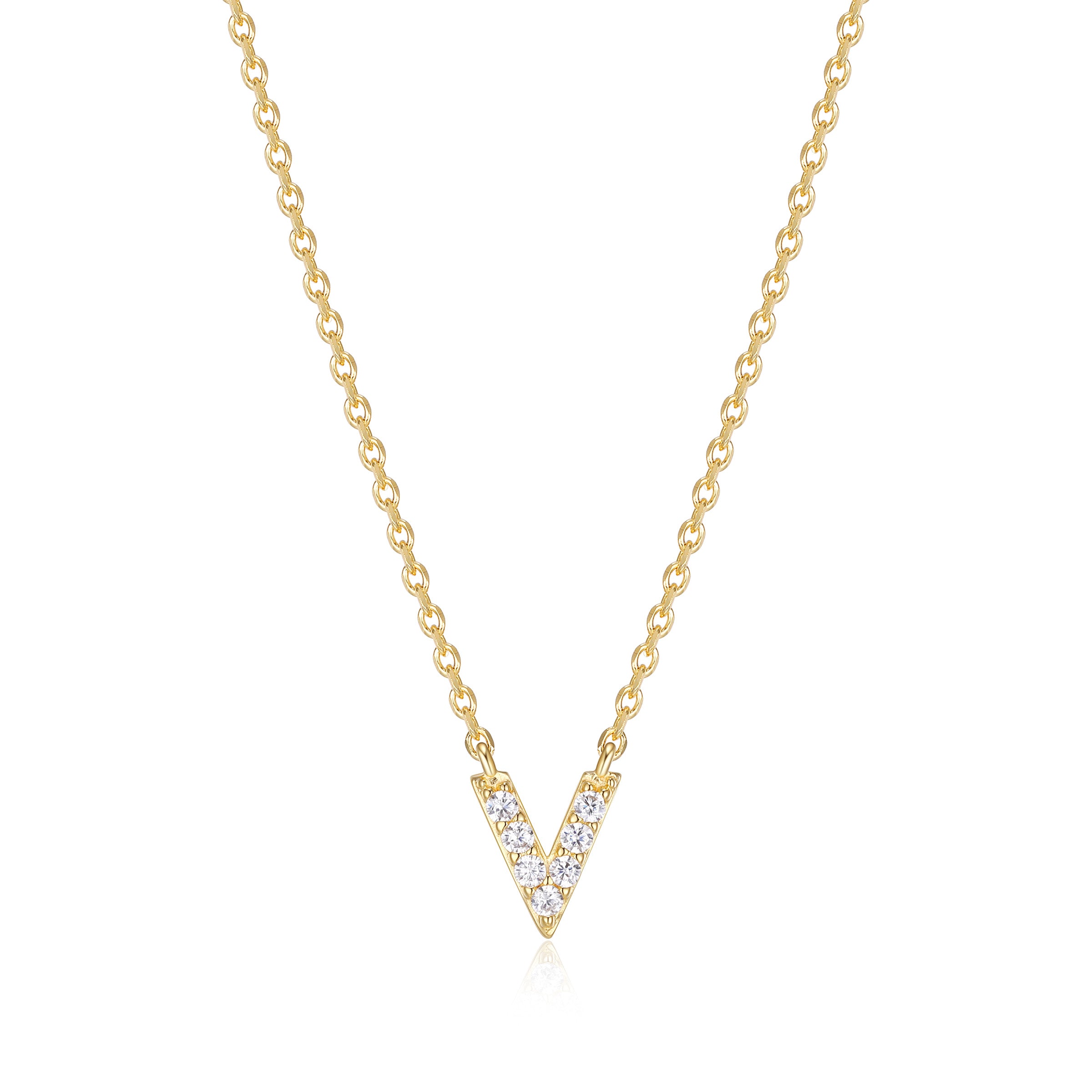 Diamondlite Cz Mini Initial V Necklace In Sterling Silver With 18K Gold Plating. 18".