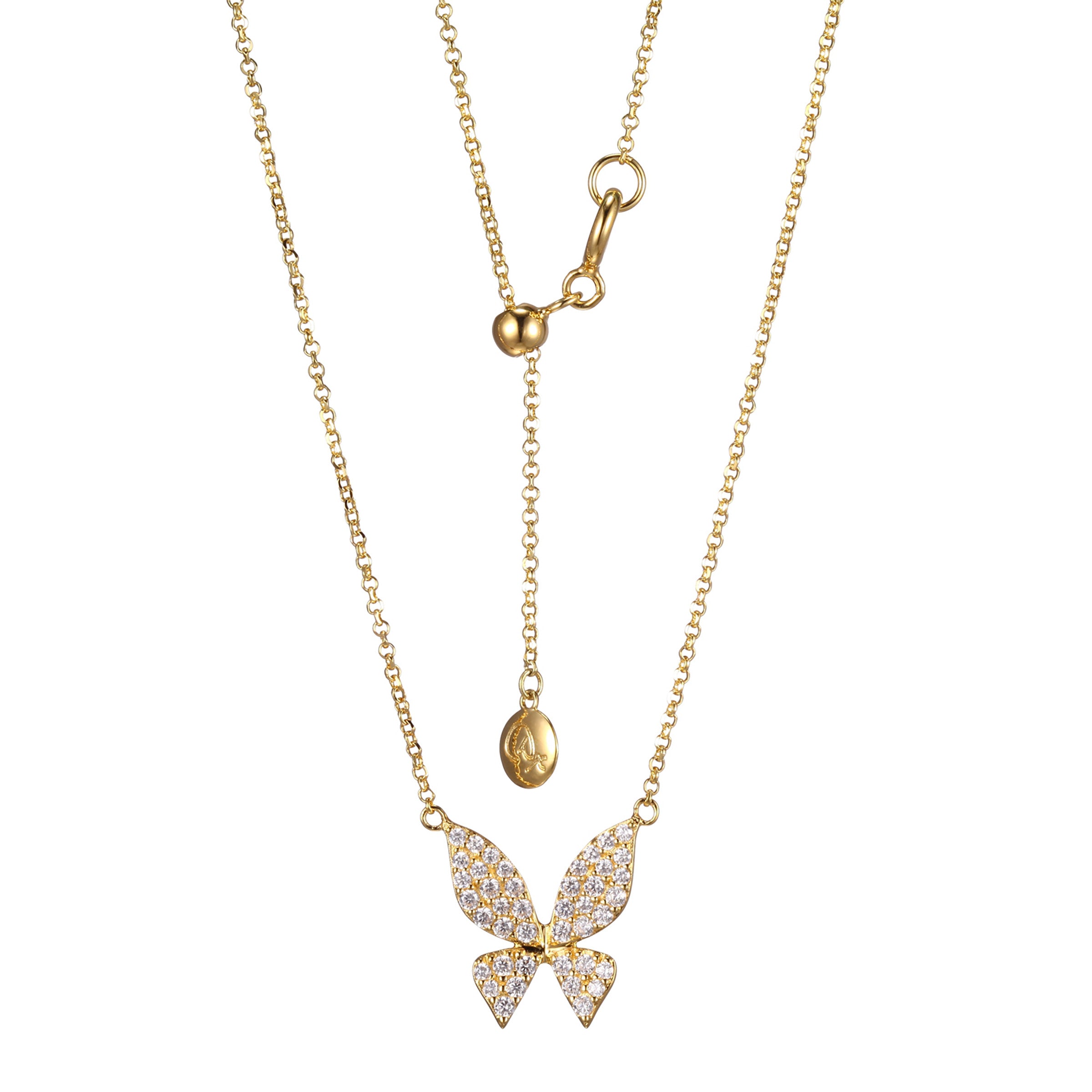 Diamondlite Cz Single Butterfly Adjustable Necklace In Sterling Silver With 18K Gold Plating. 18".