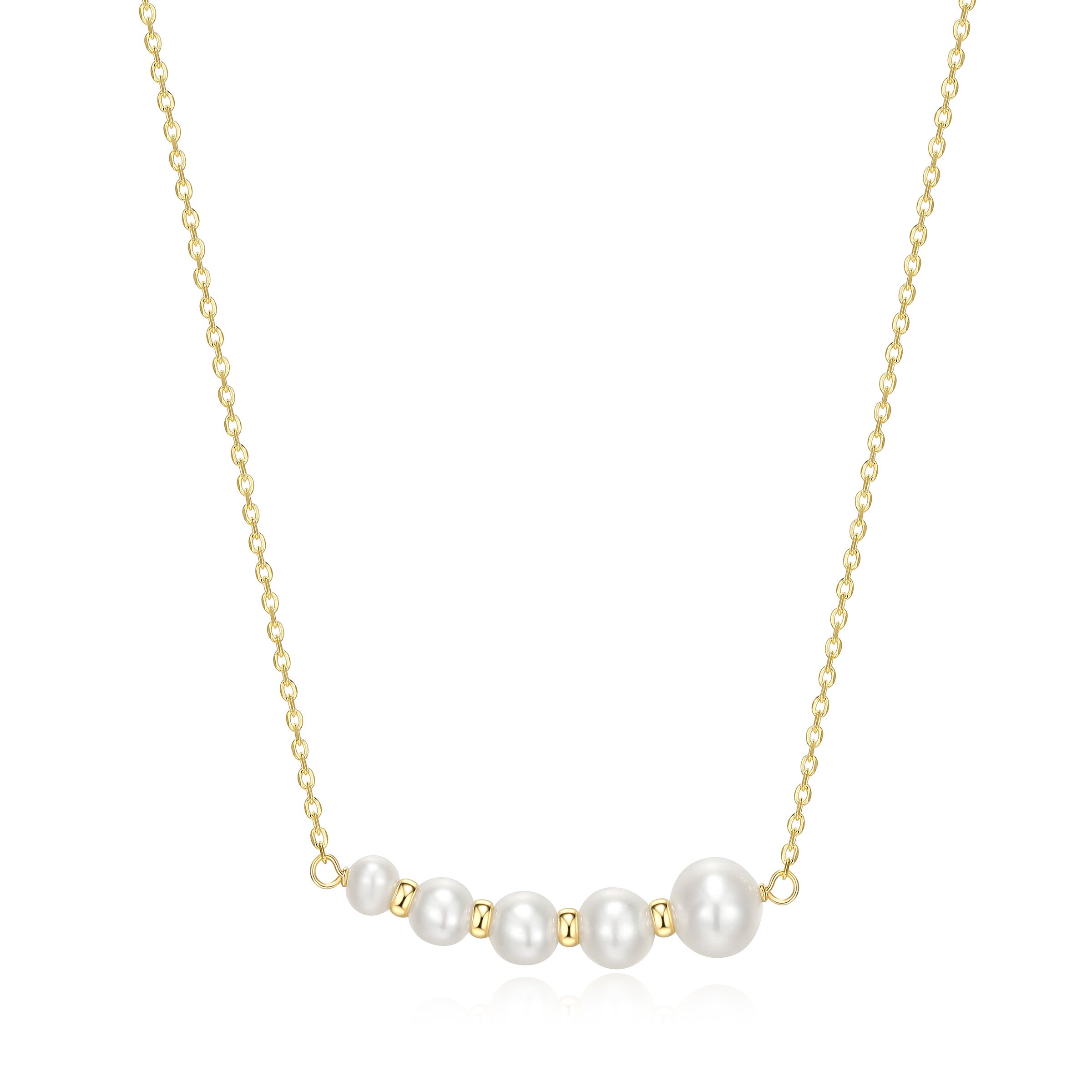 Genuine White Pearl Graduated Curved Bar Necklace In Sterling Silver With 18K Gold Plating. 16+2".