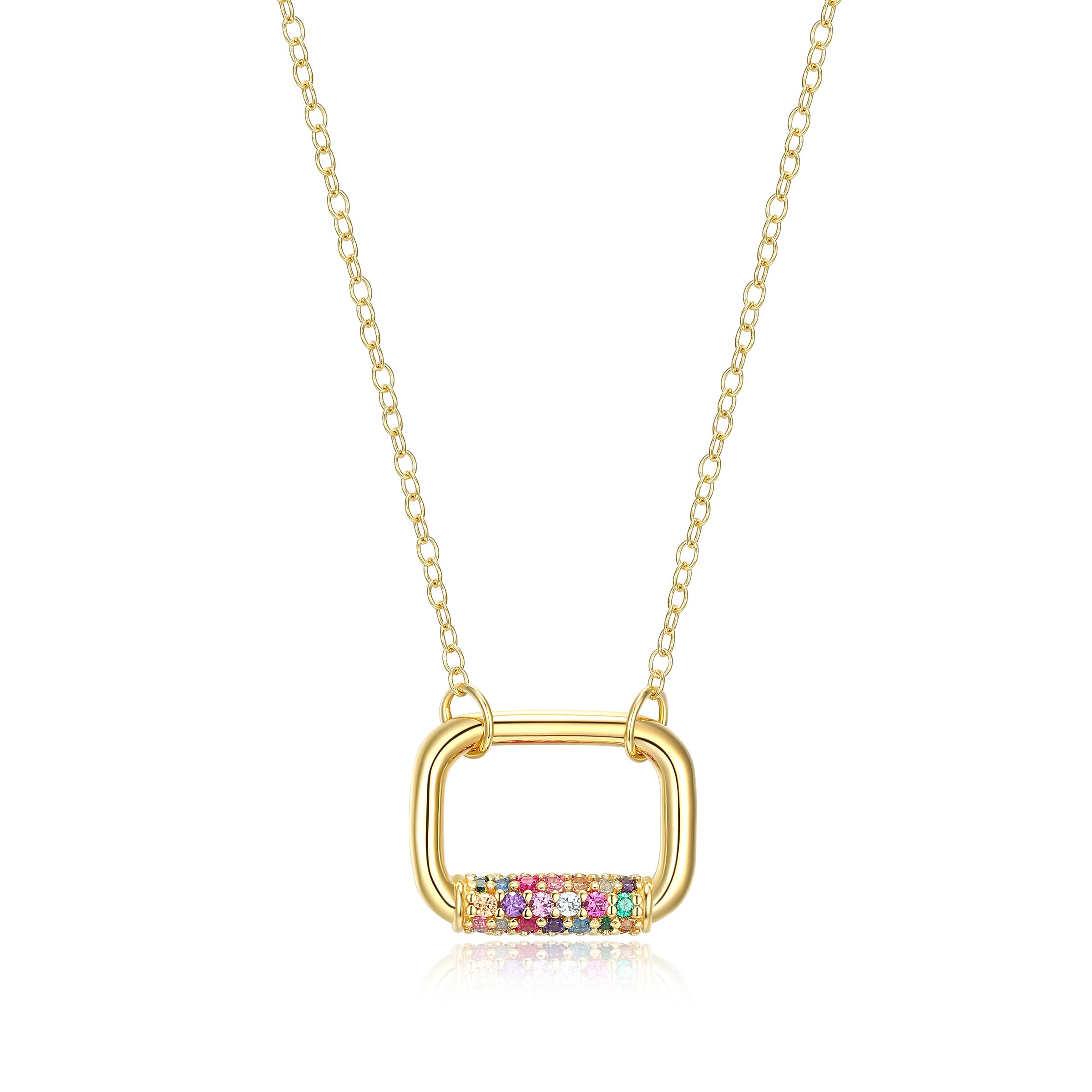 Rainbow Pave Oblong Link Adjustable Necklace In Sterling Silver With 18K Gold Plating. 16+2".