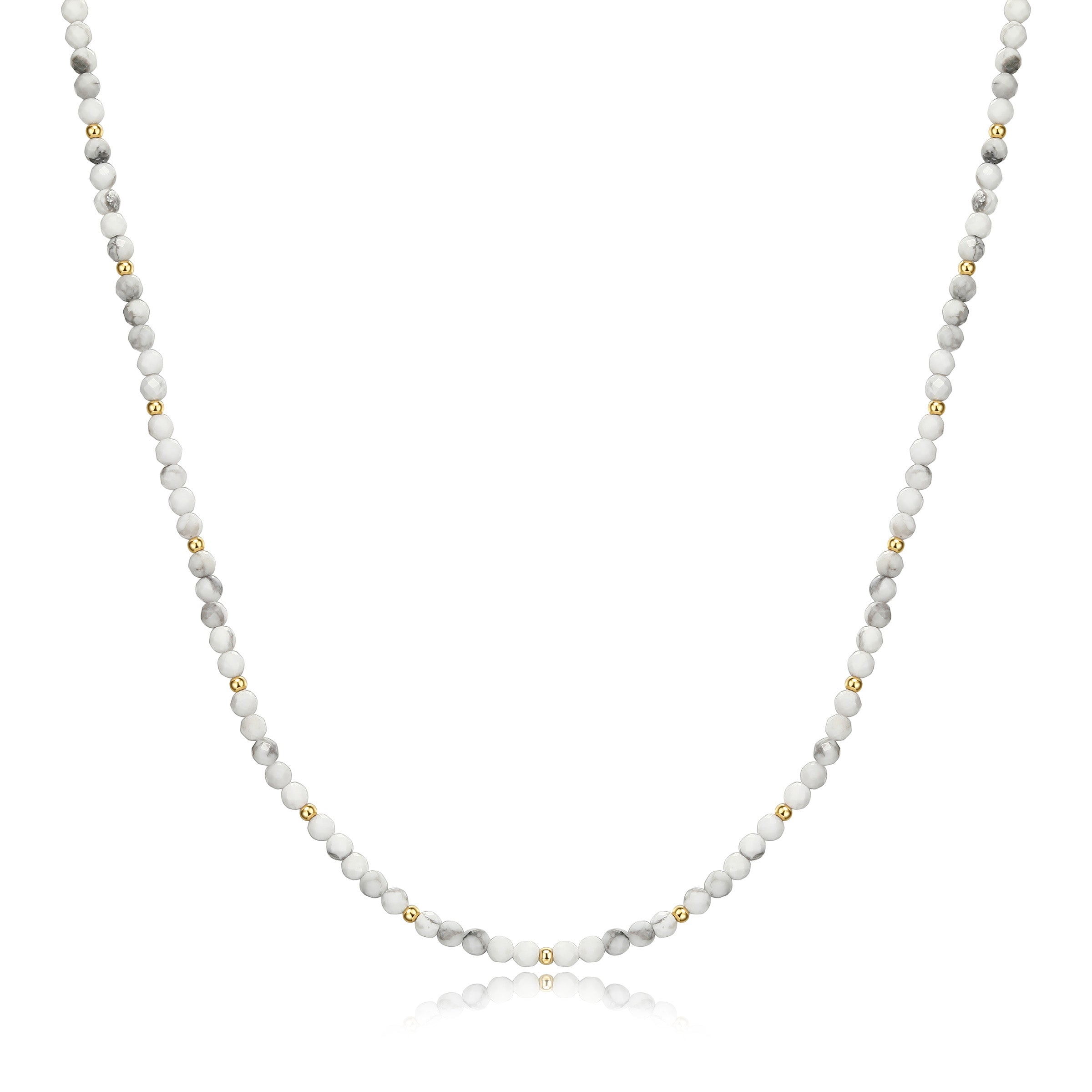 3Mm Beaded White Howlite Gemstone Necklace In Sterling Silver With 18K Gold Plating. 15+3".
