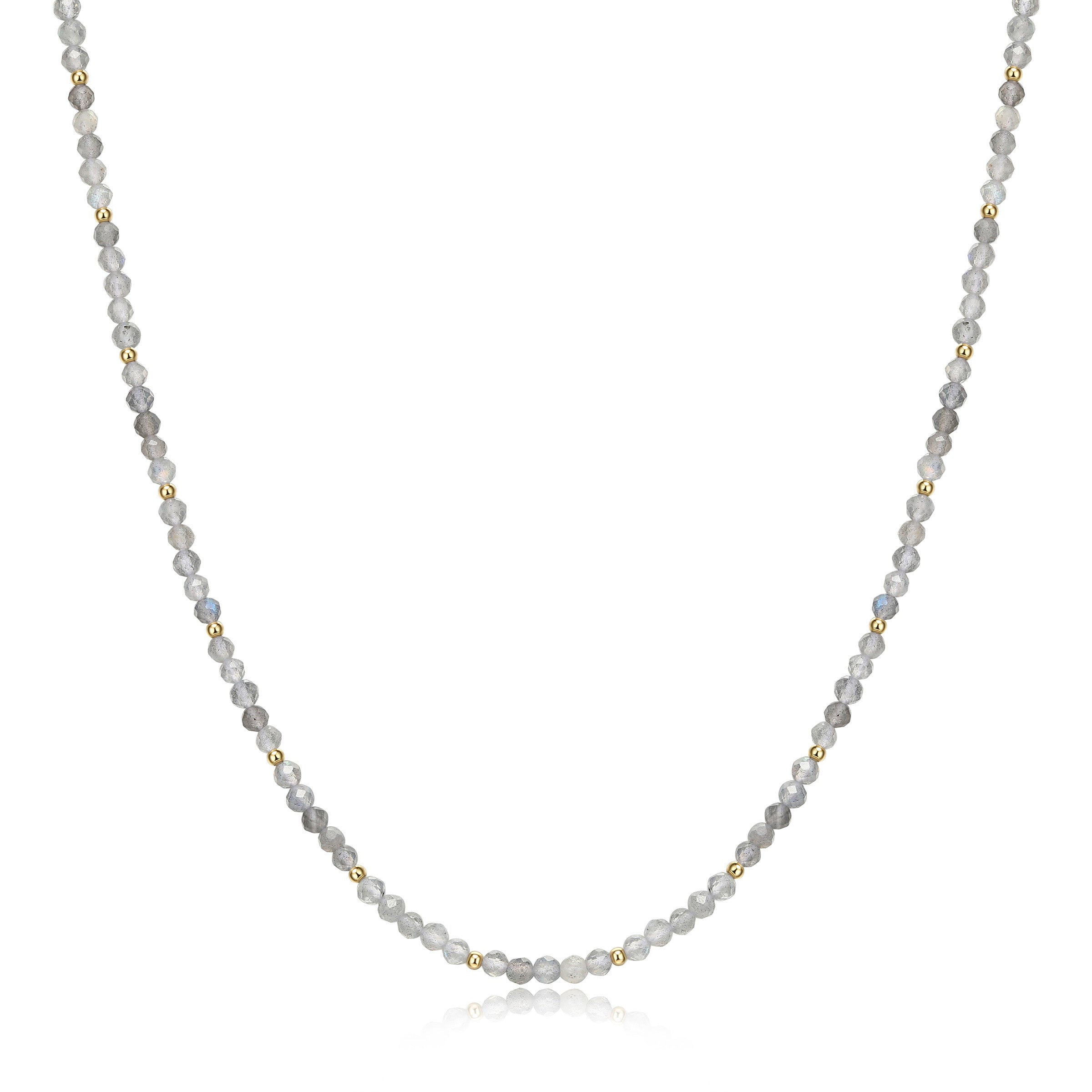 3Mm Beaded Labradorite Gemstone Necklace In Sterling Silver With 18K Gold Plating. 15+3".
