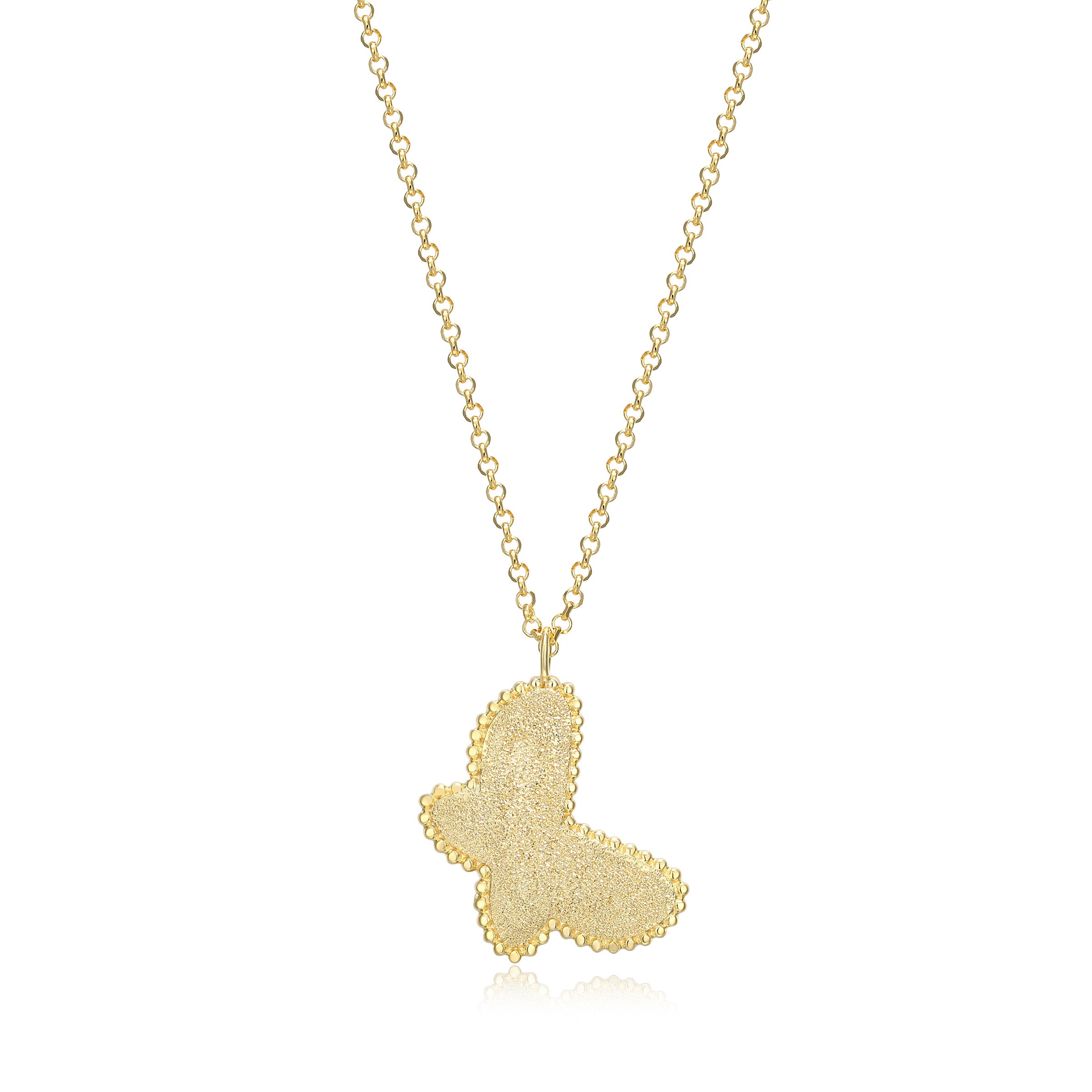 Diamond Textured Beaded Butterfly Necklace In Sterling Silver With 18K Gold Plating. 16+2".