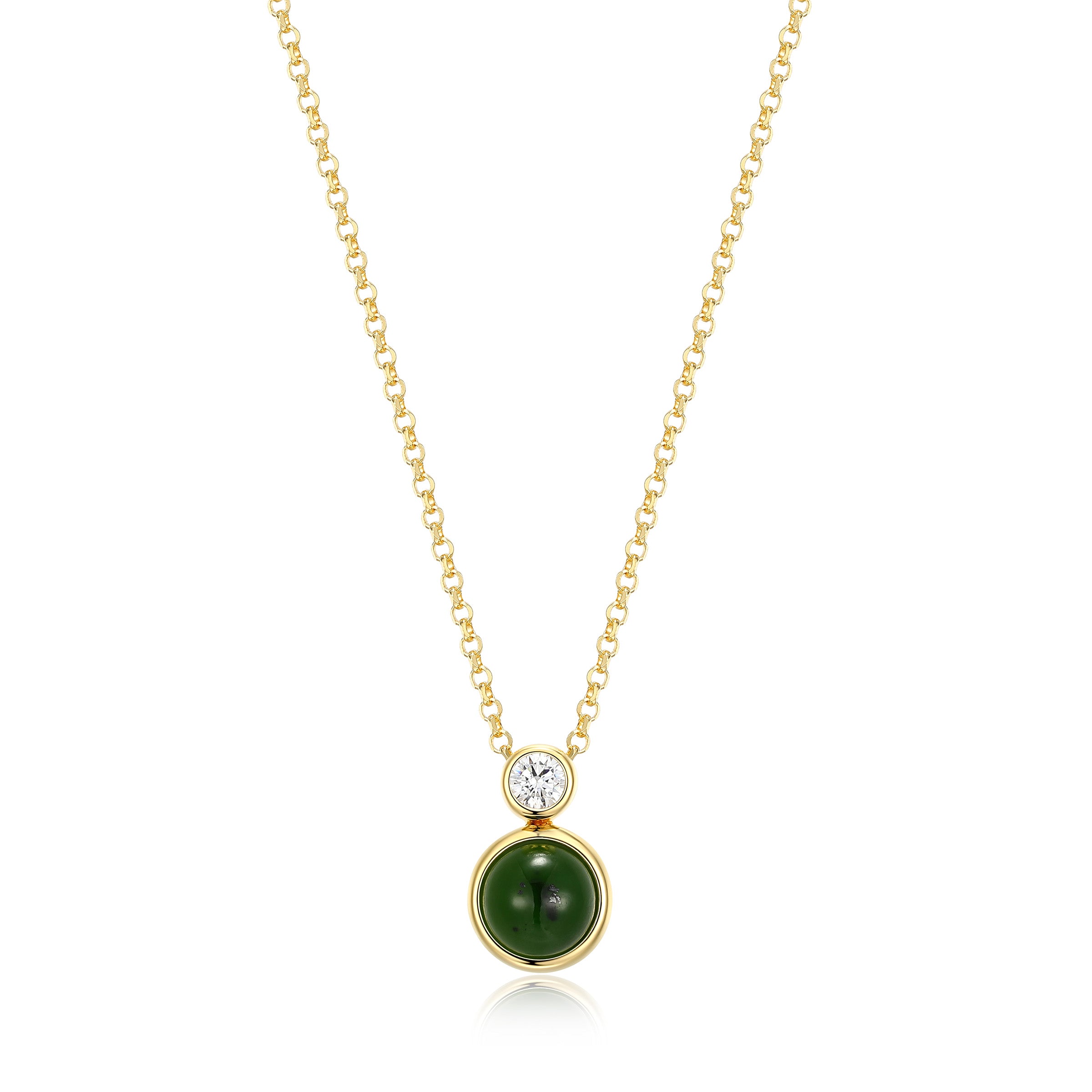 Diamondlite Cz &amp; 6mm Round Genuine Green Nephrite Jade Necklace In Sterling Silver With 18k Gold Plating. 16+2".