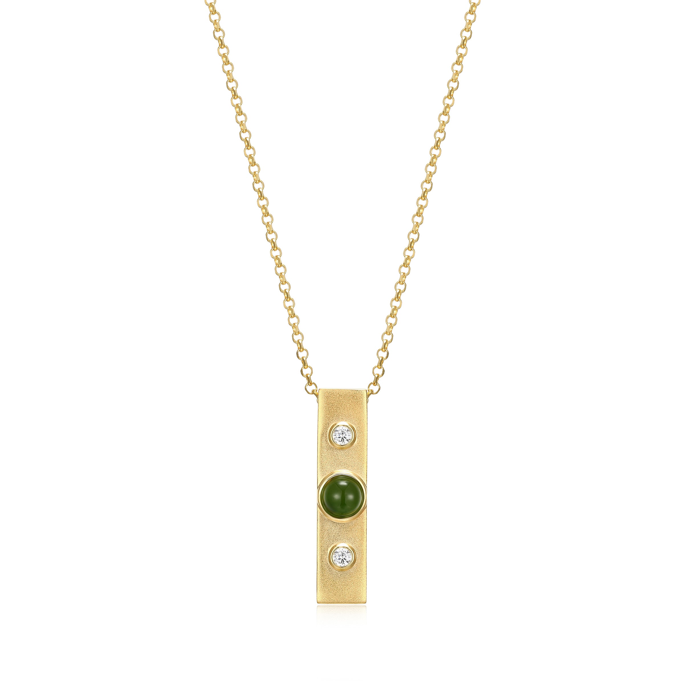 Diamondlite Cz &amp; 4mm Genuine Green Nephrite Jade Vertical Bar Necklace In Sterling Silver With Matte18k Gold Plating. 16+2".