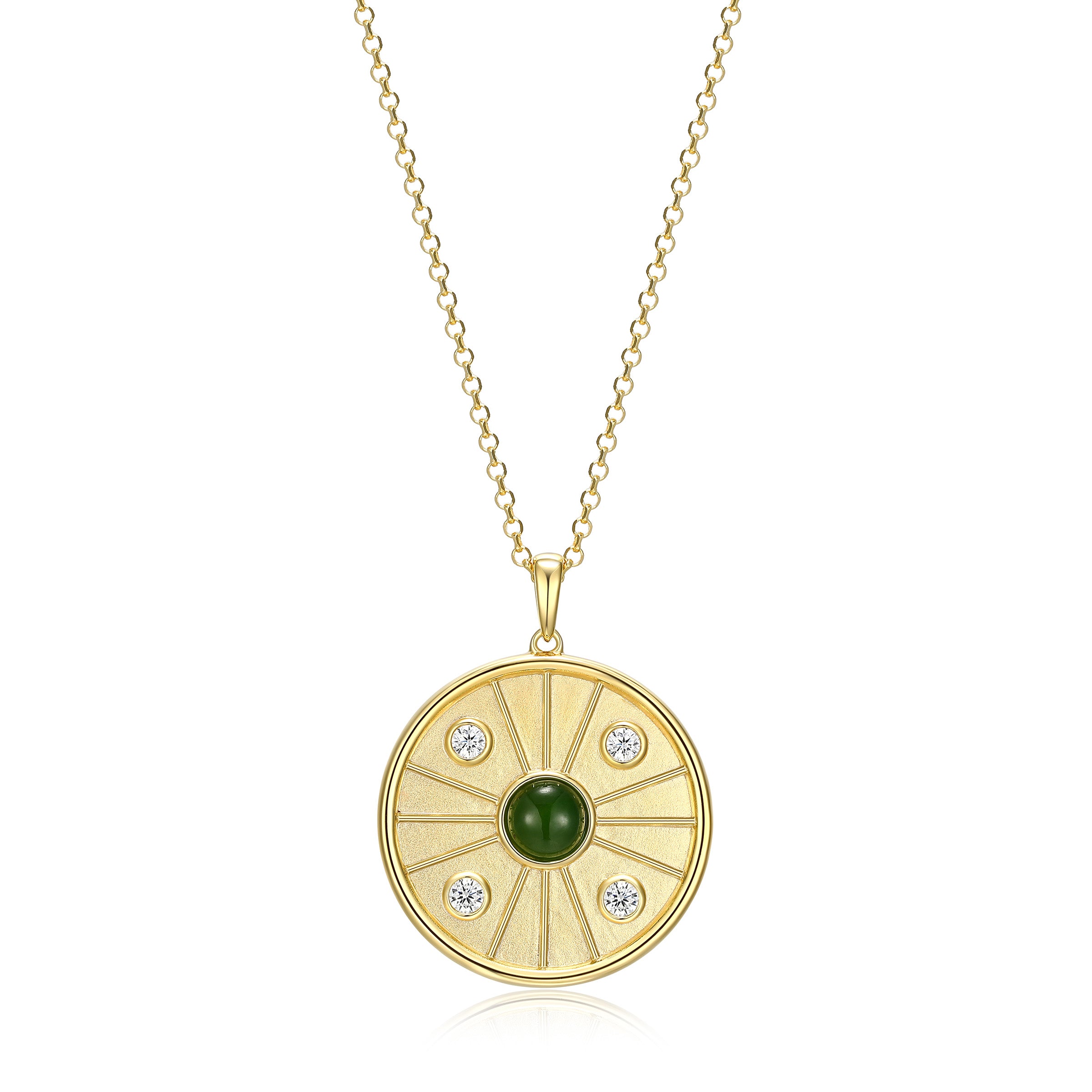 Diamondlite Cz &amp; 5mm Genuine Green Nephrite Jade Medallion Necklace In Sterling Silver With 18k Gold Plating. 18+2".
