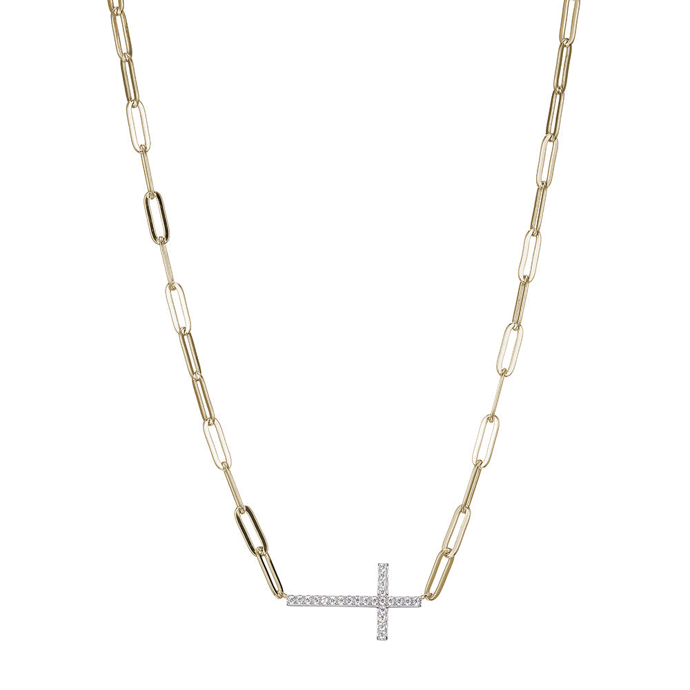 Sterling Silver Necklace Made Of Paperclip Chain (3Mm) And Cz Cross In Center, Measures 17" Long, Plus 2" Extender For Adjustable Length, 2 Tone, 18K Yellow Gold And Rhodium Plated