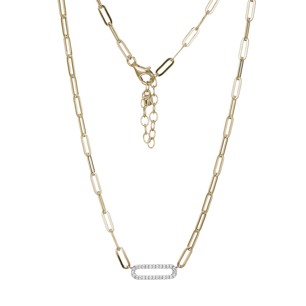 Sterling Silver Necklace Made Of Paperclip Chain (3Mm) And Cz Link (18X6Mm) In Center, Measures 17" Long, Plus 2" Extender For Adjustable Length, 2 Tone, 18K Yellow Gold And Rhodium Plated