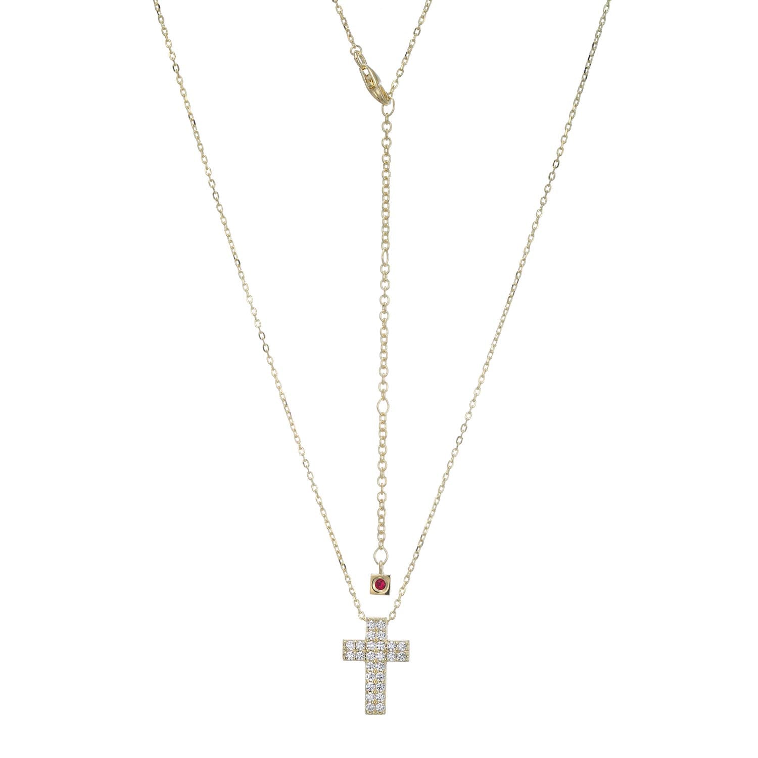 The Humanity Collection Presents A Sparkling Zirconia Cross Pendant Necklace In Gold-Plated Sterling Silver, Accented With Elle'S Signature Ruby. Its Simple Design Offers Enduring Grace, Destined To Be A Cherished Piece.