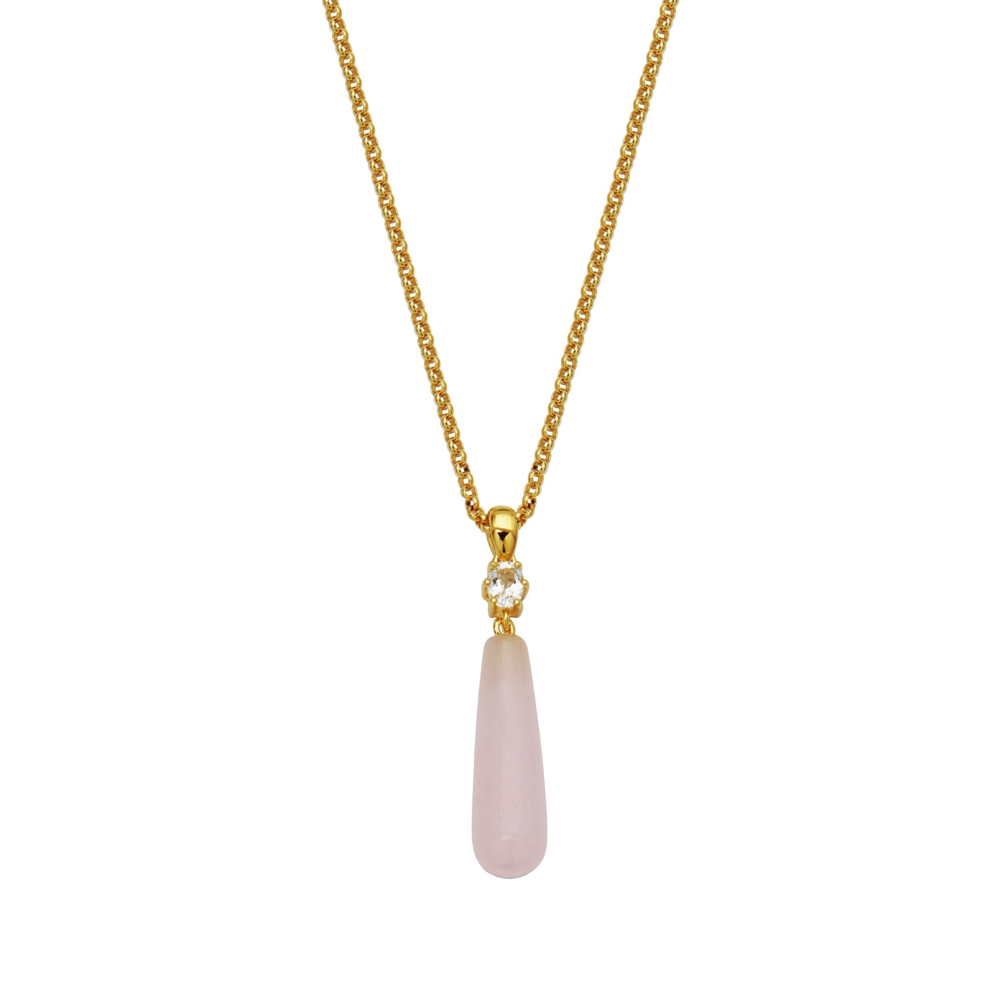 A Smooth, Elongated Pink Frosted Quartzite Pendant, Accented With White Topaz, Hangs From The Gold-Plated Chain Of This Teardrop Necklace. Elle'S Ruby Trademark Highlights The Understated Beauty Of This Dainty Piece.