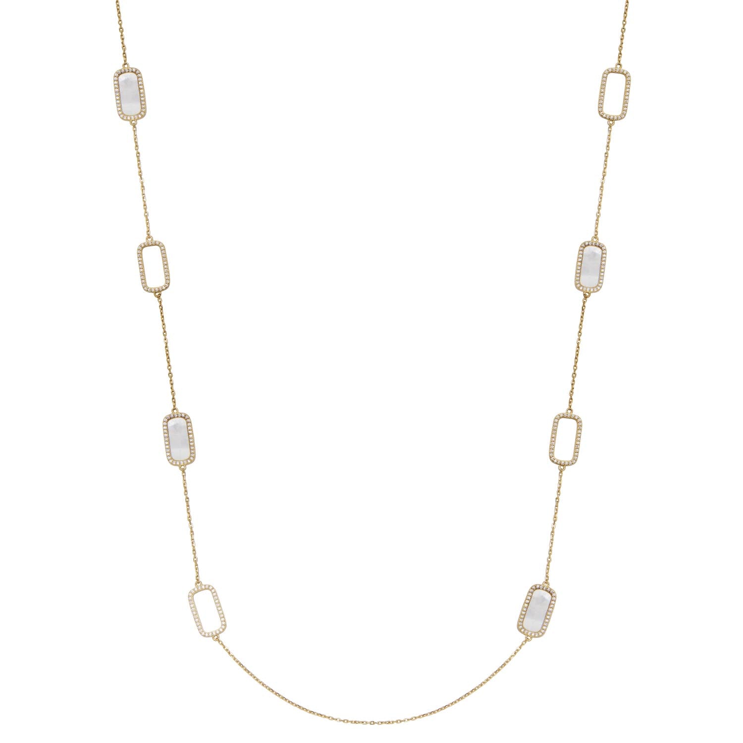 Sterling Silver Elle "Allure 2.0" Yellow Gold Plated Mother Of Pearl And White Cz Necklace On 36" Faceted Crossed Diamond Cut Cable Chain