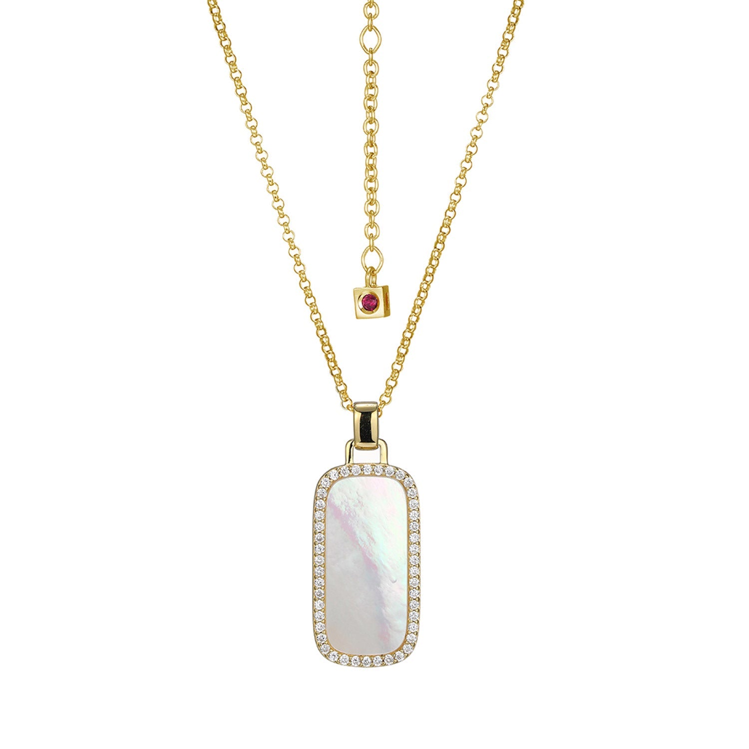 Sterling Silver Elle "Allure 2.0" Yellow Gold Plated Mother Of Pearl And White Cz Necklace On 28" + 2" Extension Rolo Chain
