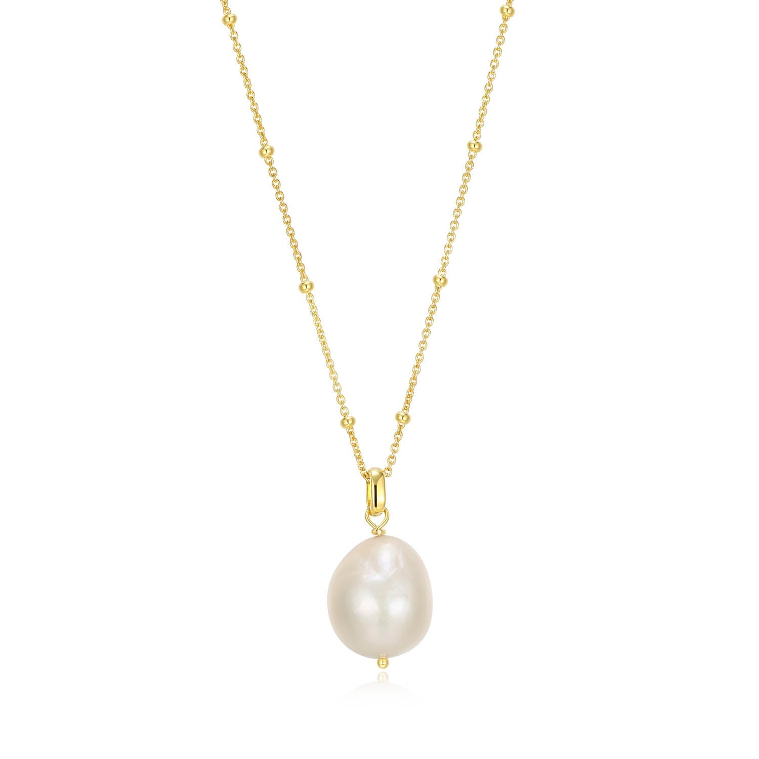 Sterling Silver Elle "Genesis" Yellow Gold Plated Genuine White Pearl Necklace On 17" + 3" Extension Rolo Chain