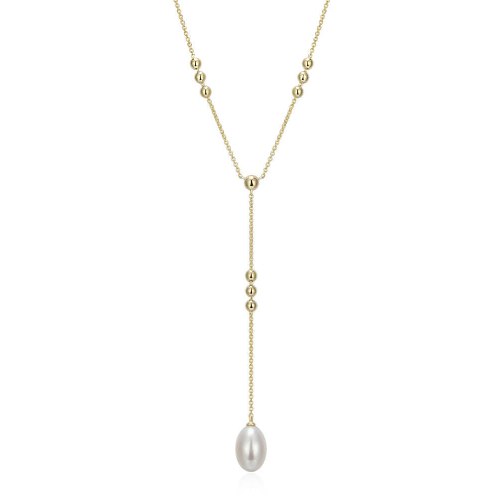 Sterling Silver Elle "Genesis" Yellow Gold Plated Genuine White Pearl Necklace On 17" + 3" Extension Cable Chain