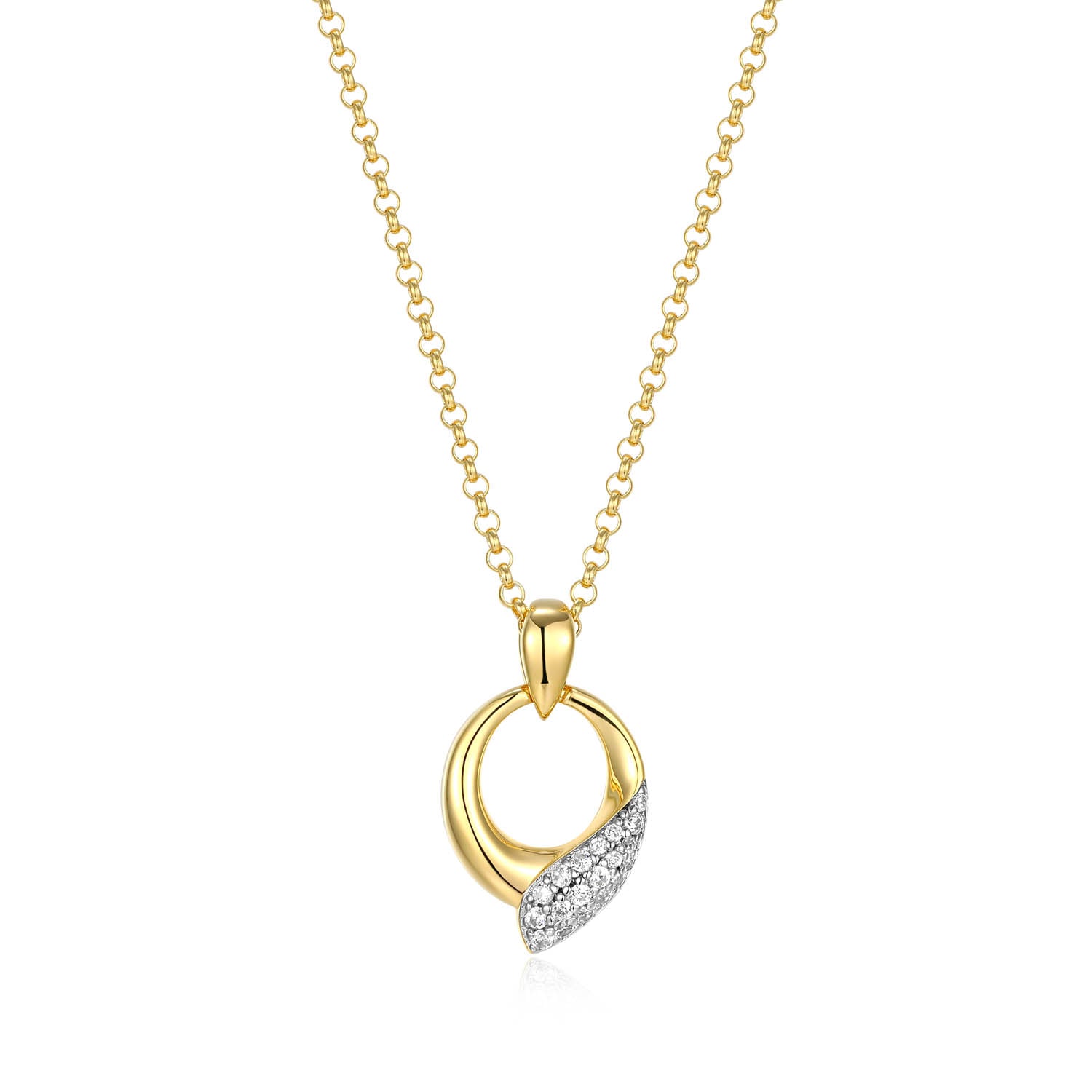 Sterling Silver Elle "Amour" Yellow Gold  And Rhodium  Plated White Cz Necklace On 17" + 3" Extension Rolo Chain