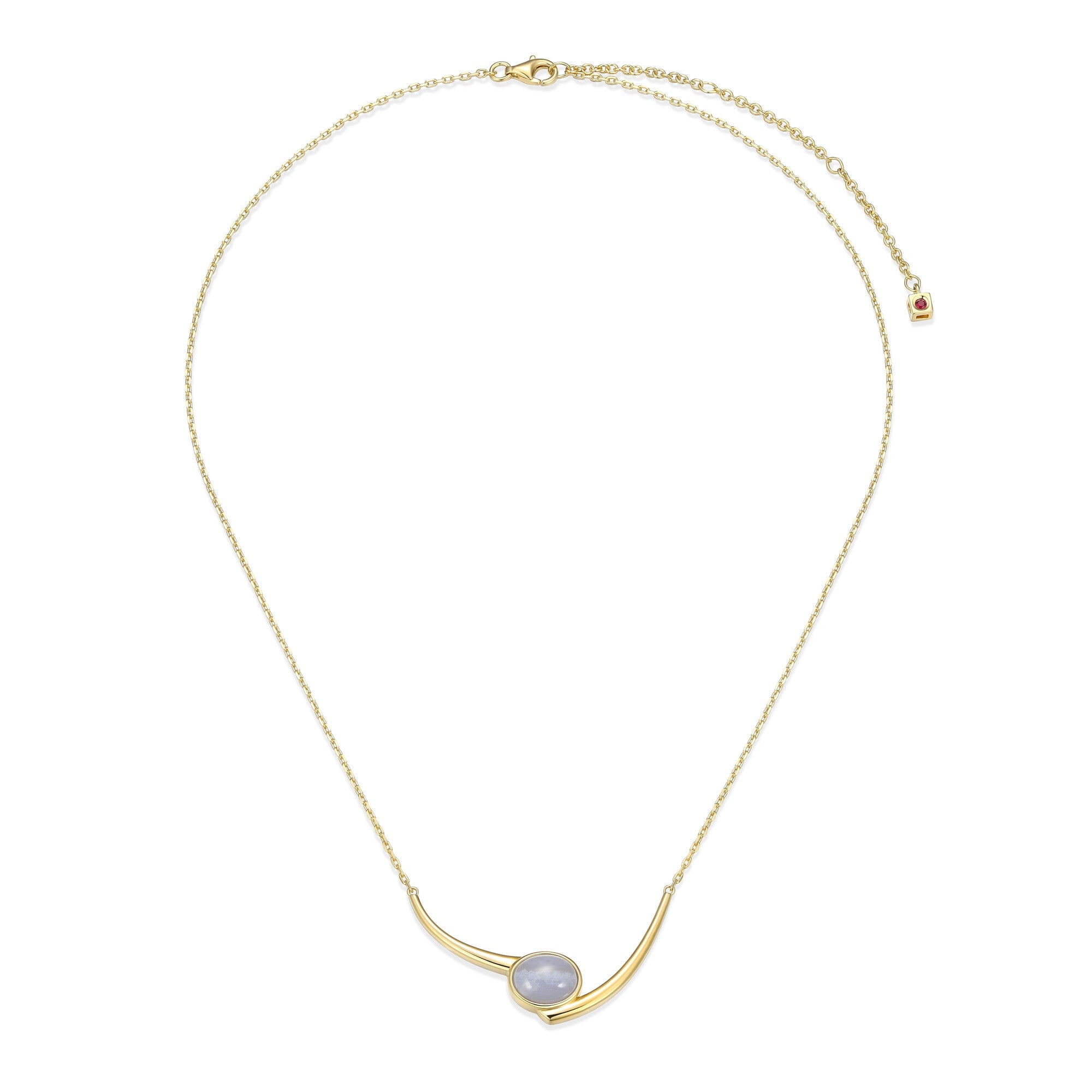 Sterling Silver Elle "Lustre" Yellow Gold Plated Necklace Genuine Blue Lace Agate Ov 10X8Mm 1.3*2.3 Faceted Crossed Diamond Cut Chain 17" Extension 3"