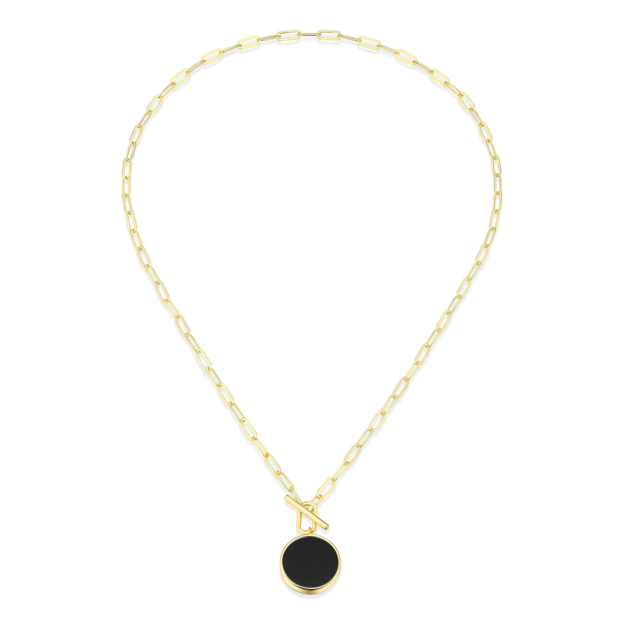 Sterling Silver Elle "Lustre" Yellow Gold Plated Necklace Genuine Black Agate Rd 16X2Mm 3.0*8.0Mm Oblong Calendered Crossed Chain 18"