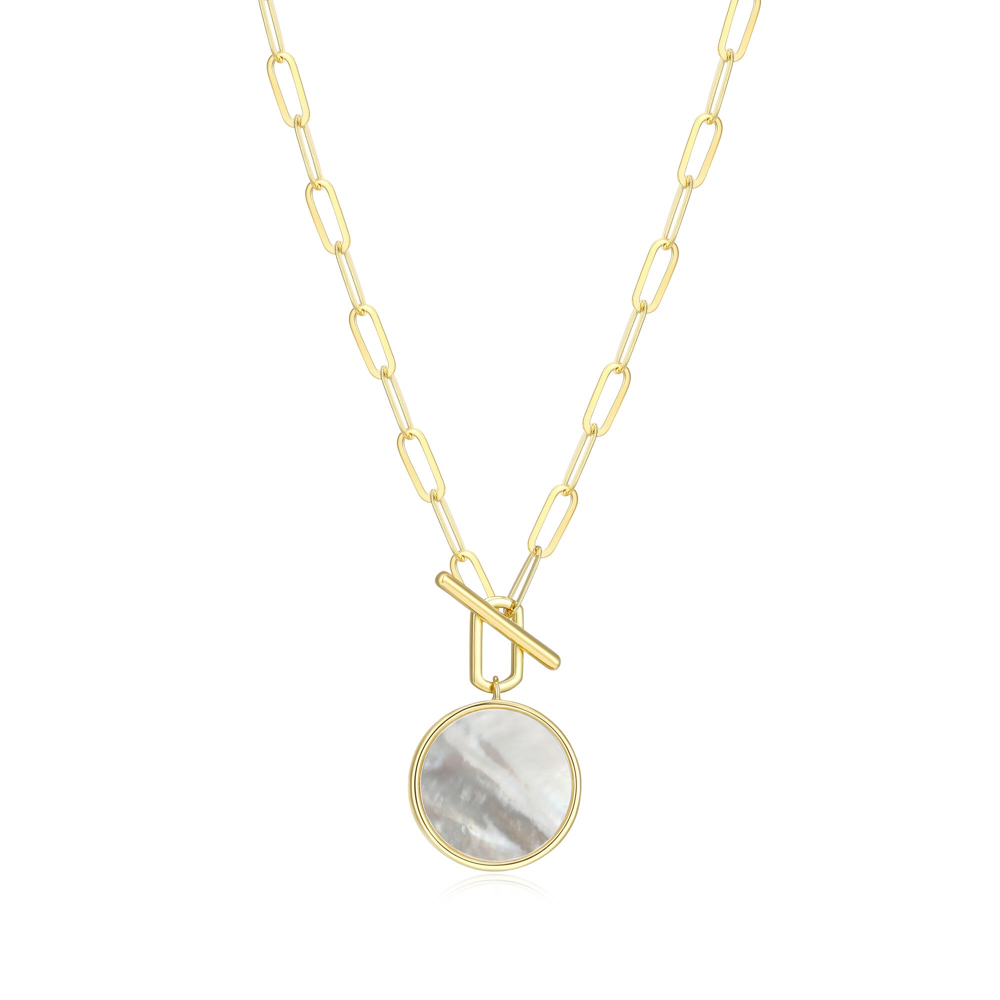 Sterling Silver Elle "Lustre" Yellow Gold Plated Necklace White Mop(Pinctada Imbricata) Rd 16X2Mm 3.0*8.0Mm Oblong Flat Crossed Chain 18"