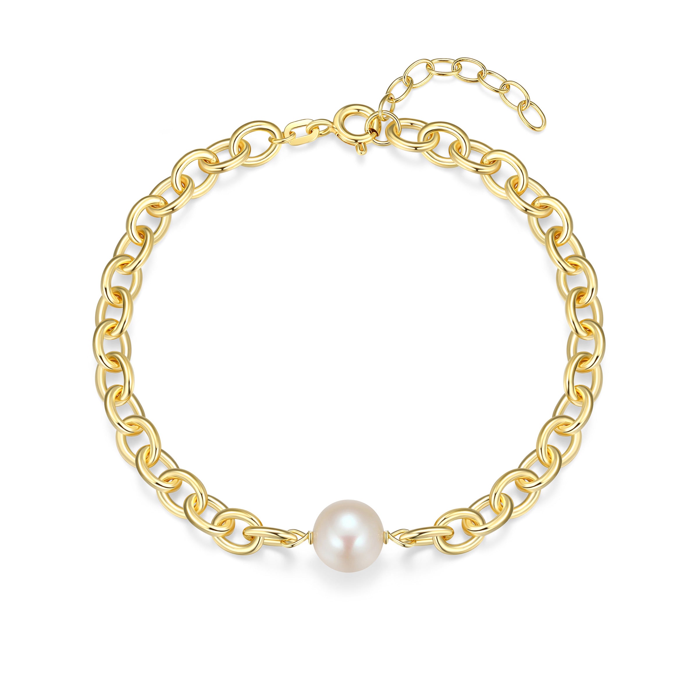8Mm Genuine White Pearl Oval Cable Chain Bracelet In Sterling Silver With 18K Gold Plating. 6.5+1".